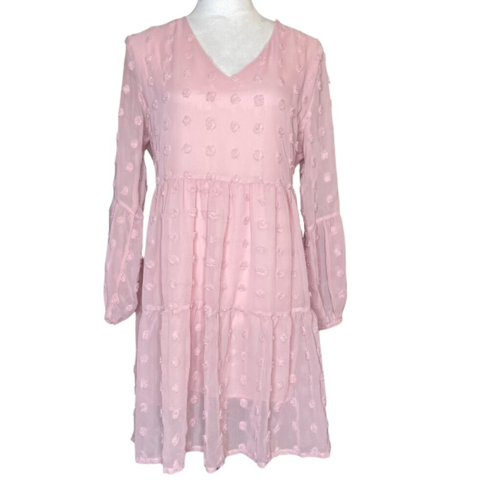 BELONGSCI Pink Coquette Swiss Dot Tiered Mini Dress Bell Sleeve M - Picture 2 of 8